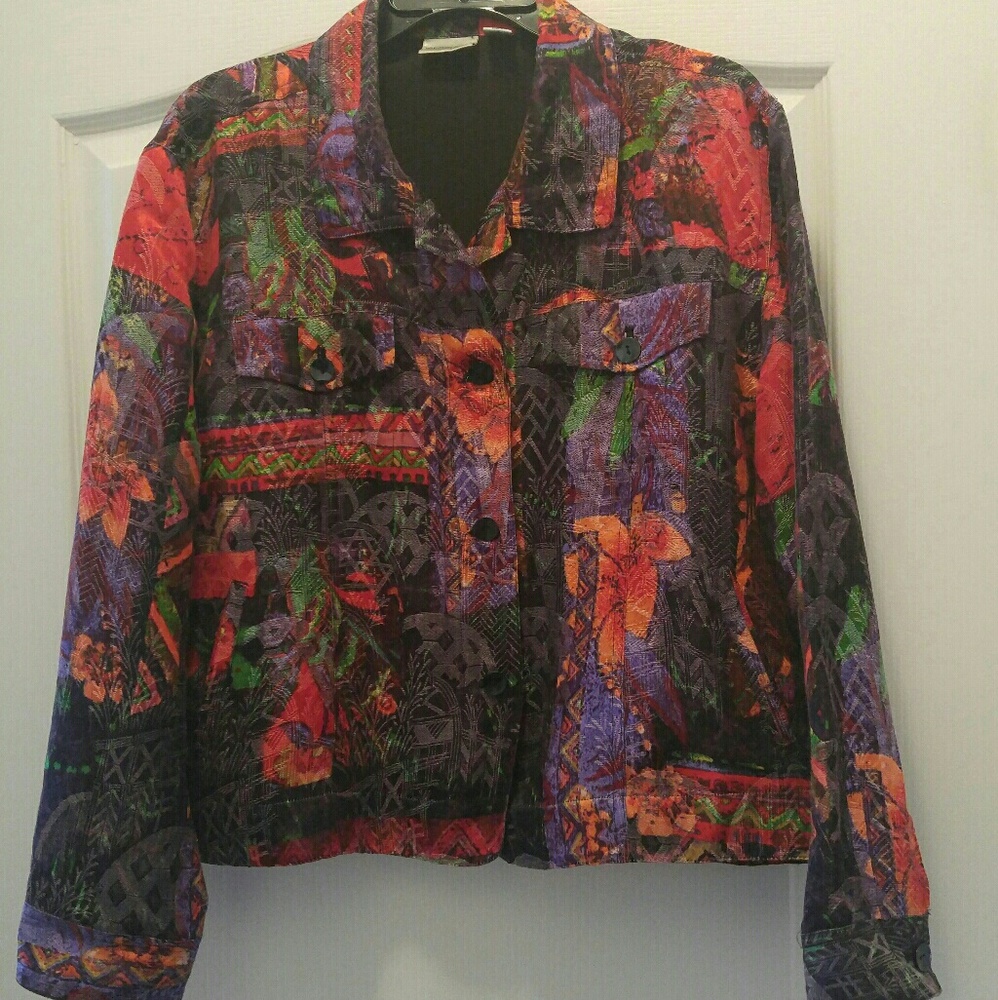 Chico's size 2-runs a little large.  Multi-Color Button Up Shirt Jacket.